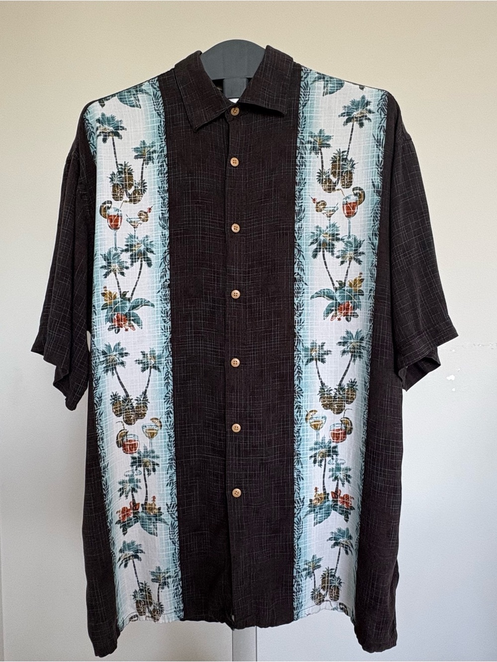 Paradise Collection Men's Large Brown and WhiteTropical Panel Short-Sleeve Shirt